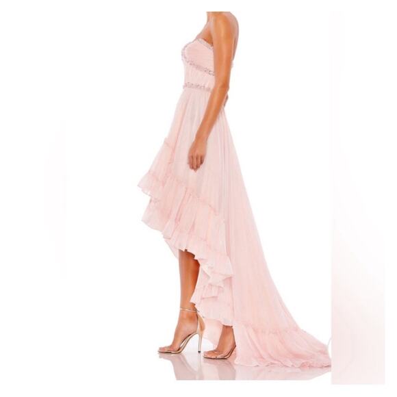 Mac Duggal Strapless Beaded Ruffle High Low Prom Gown in Ice Pink Sz 4 Princess - Picture 3 of 16
